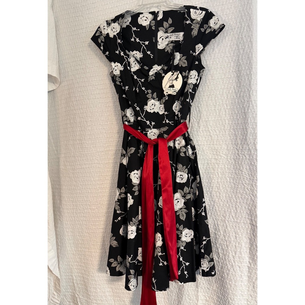 Hell Bunny Dress Women MD Black New Floral Rose Rockabilly Pinup Vixen Sash